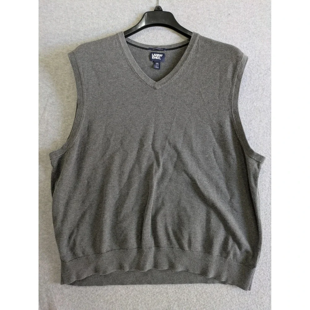 Lands' End Supima Cotton‎ Sweater Vest Men's 2XL Gray V-Neck Golf Pullover